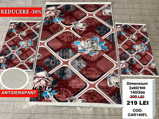 Set Covor Cu Traverse Antiderapante cu Insertii Florale ,Grena/Bej/Bleo