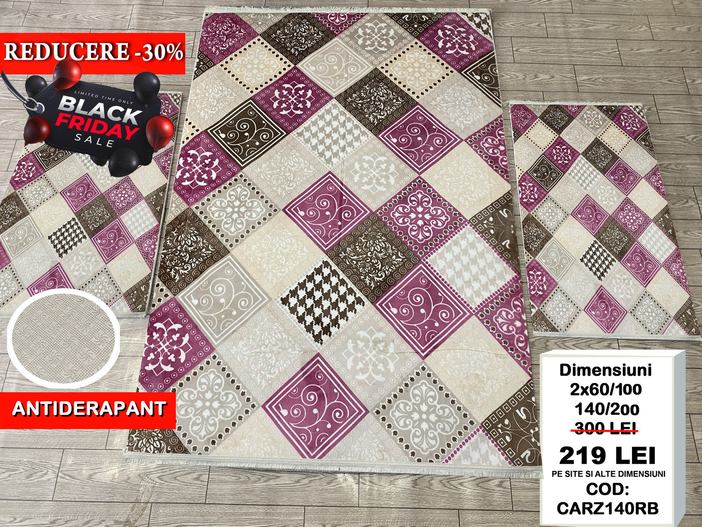 Set Covor Cu Traverse Antiderapante cu Insertii Moderne tip Romburi ,Bej/Roz