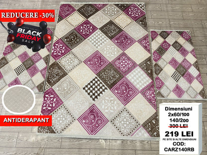 Set Covor Cu Traverse Antiderapante cu Insertii Moderne tip Romburi ,Bej/Roz