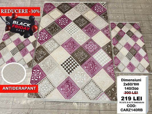 Set Covor Cu Traverse Antiderapante cu Insertii Moderne tip Romburi ,Bej/Roz