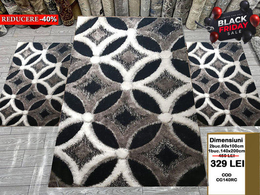 Set Covor si Traverse Pufoase de Matase 3D ,Gri/Negru/Alb