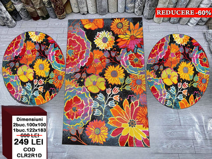 Set Covor si Traverse Rotunde cu Insertii Florale Multicolore