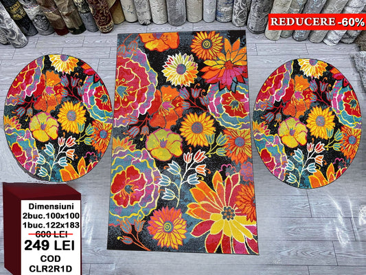 Set Covor si Traverse Rotunde cu Insertii Florale Multicolore