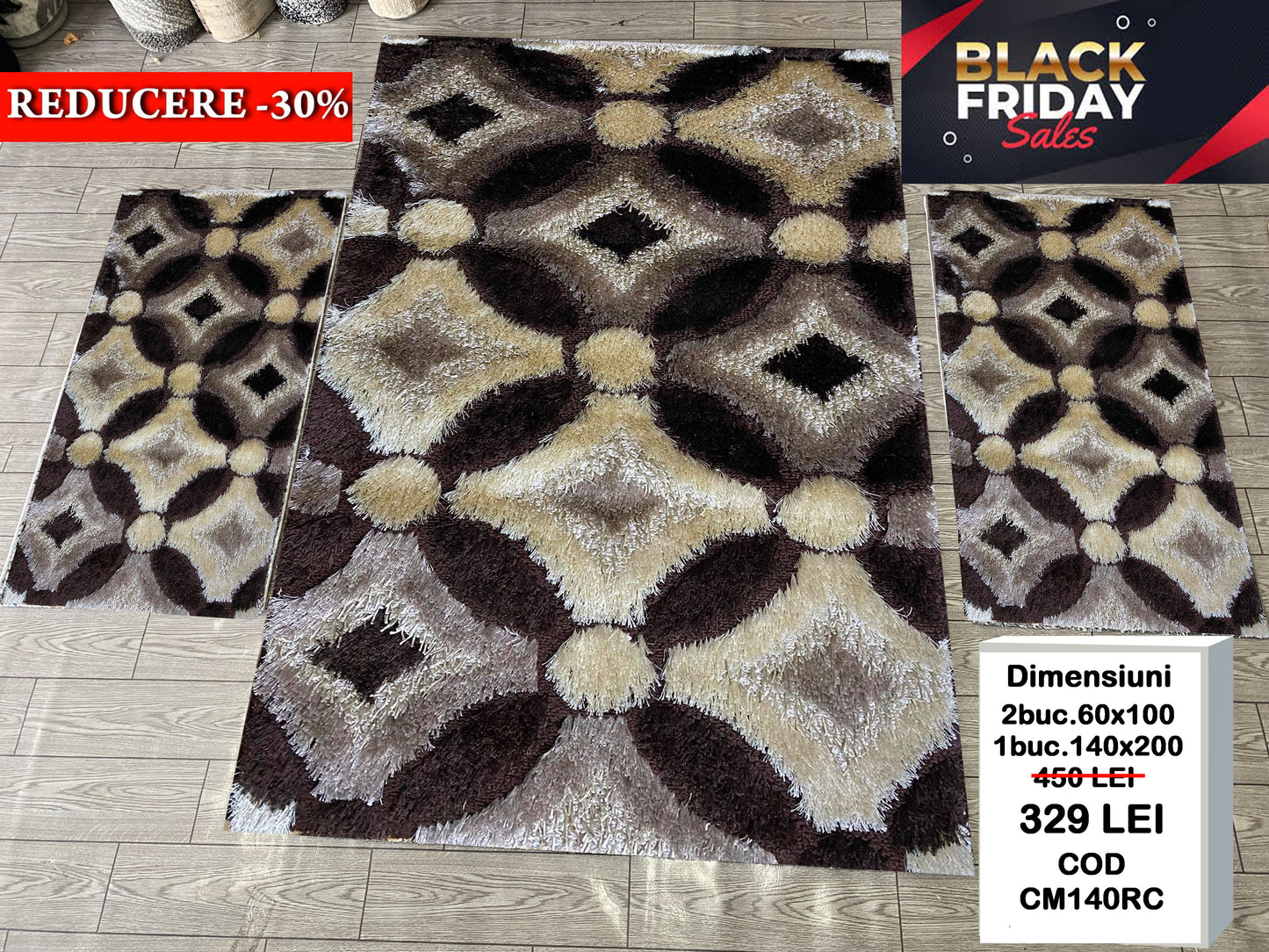 Set Covor si Traverse Pufoase de Matase 3D,Maro/Crem/Capucino
