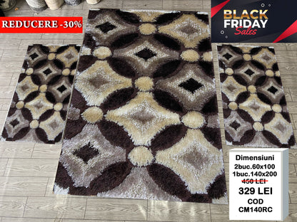 Set Covor si Traverse Pufoase de Matase 3D,Maro/Crem/Capucino