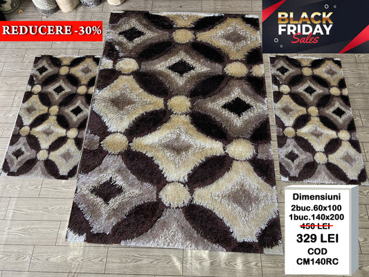 Set Covor si Traverse Pufoase de Matase 3D,Maro/Crem/Capucino