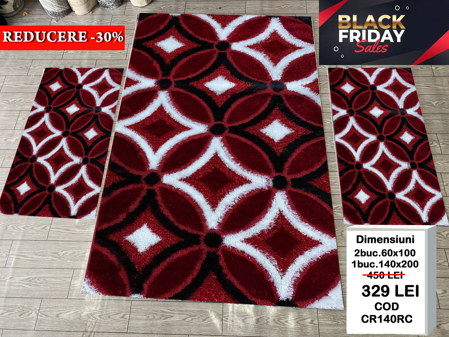 Set Covor si Traverse Pufoase de Matase 3D,Grena/Negru/Alb