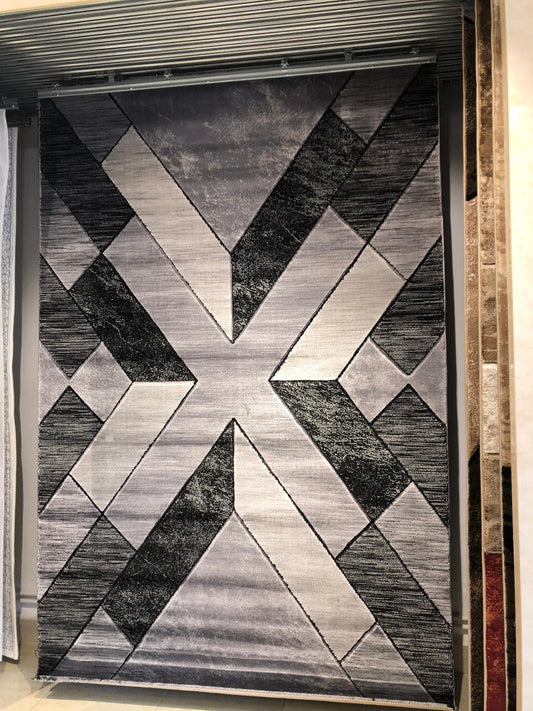 Covor cu Insertii Geometrice de tip Romburi si Dreptunghiuri,Gri/Negru/Alb