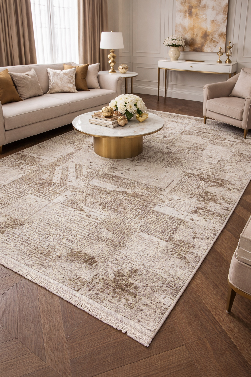 Covor Premium Modern Cu Insertii Grecesti si Franjuri,Bej/Crem