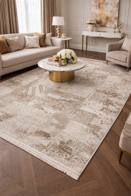 Covor Premium Modern Cu Insertii Grecesti si Franjuri,Bej/Crem
