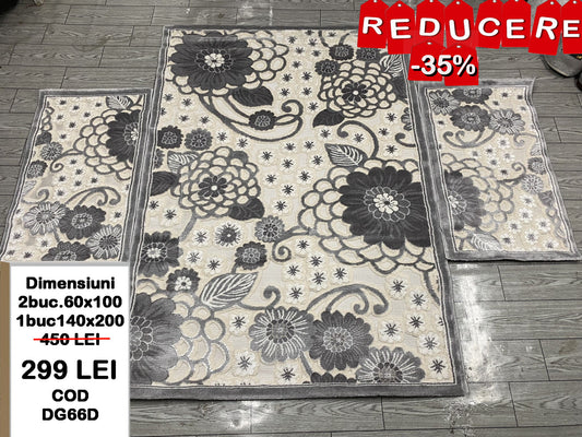Set Covor si Traverse cu Insertii Florale,Gri/Bej