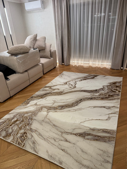 Covor cu Insertii 3D tip Stucco Venetian,Bej/Crem/Auriu