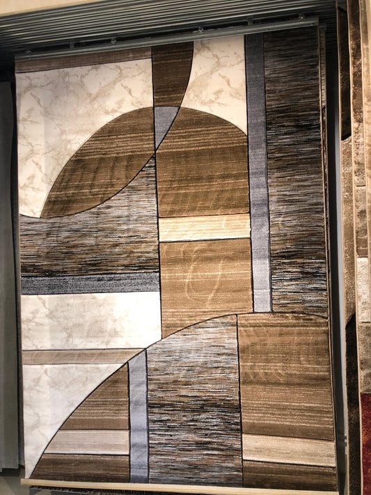 Covor cu insertii Geometrice tip Dreptunghiuri si Cercuri ,Bej/Gri/Negru