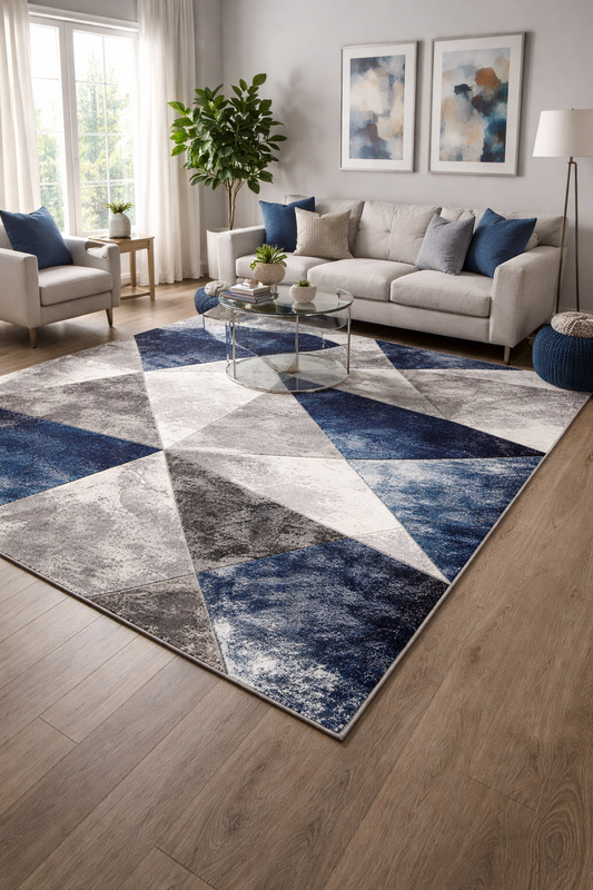 Covor cu Insertii 3D Triunghiuri,Gri/Albastru