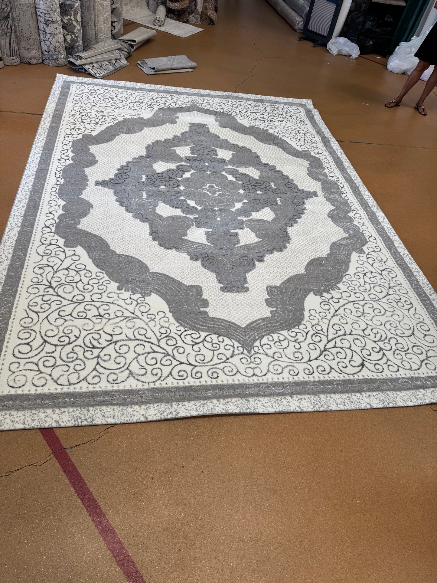 Covor cu Medalion,Gri/Crem