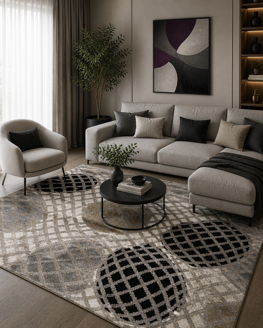 Covor cu Insertii Geometrice Tip Cercuri 3D , Bej/Crem/Gri