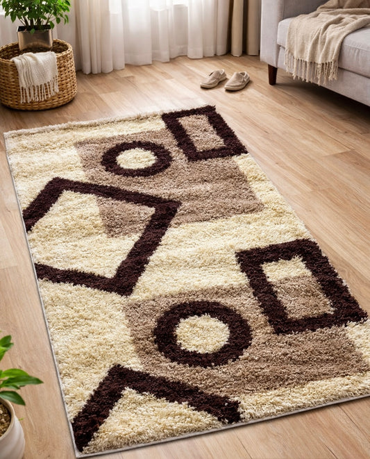 Covor Pufos tip Shaggy Model Geometric,Bej/Maro