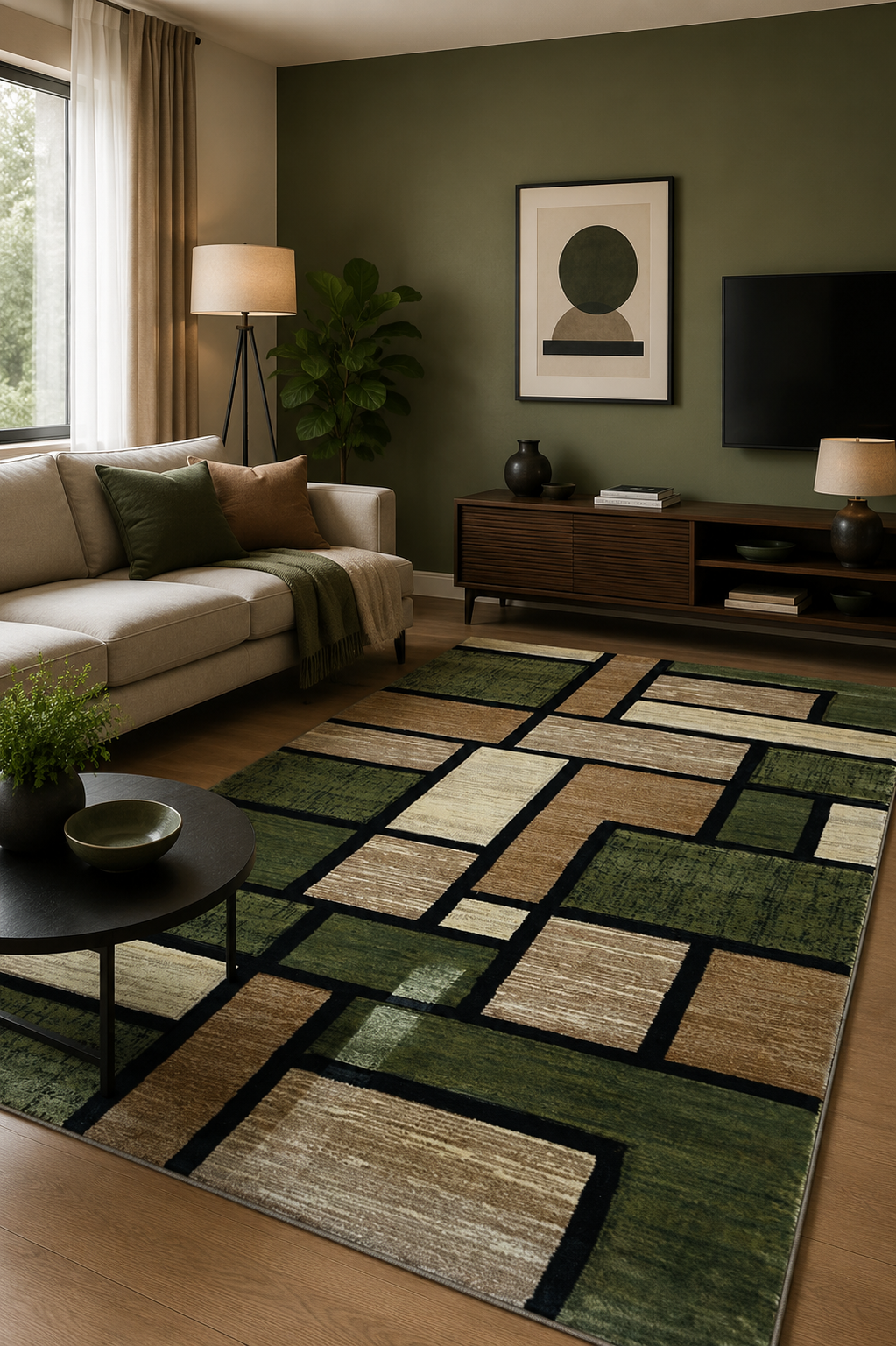 Covor Living Cu Inserții Moderne tip Pătrate, Verde/Bej