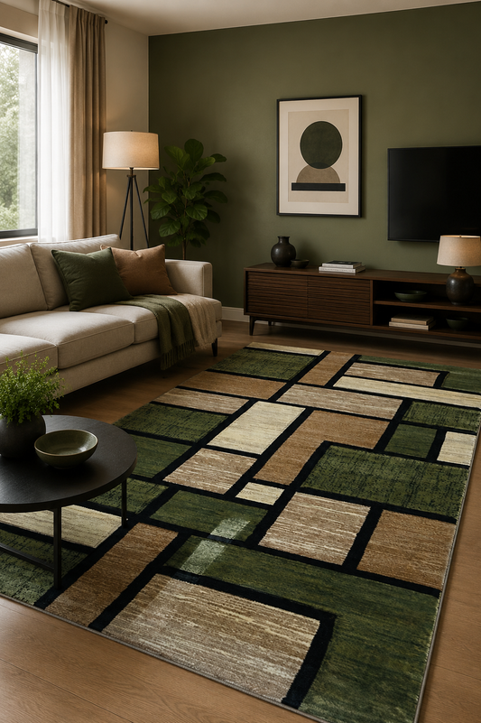 Covor Living Cu Inserții Moderne tip Pătrate, Verde/Bej