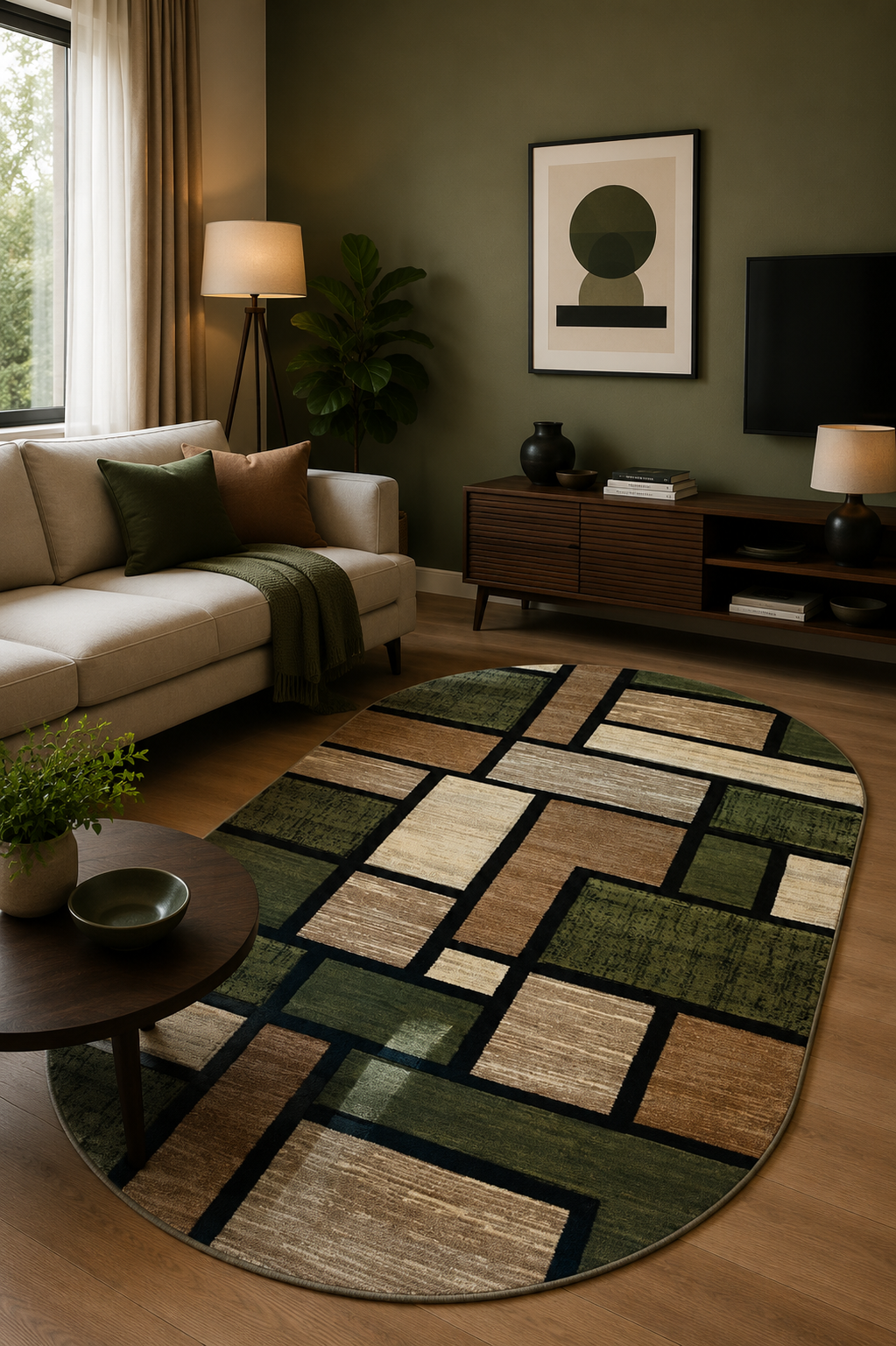 Covor Living Cu Inserții Moderne tip Pătrate, Verde/Bej