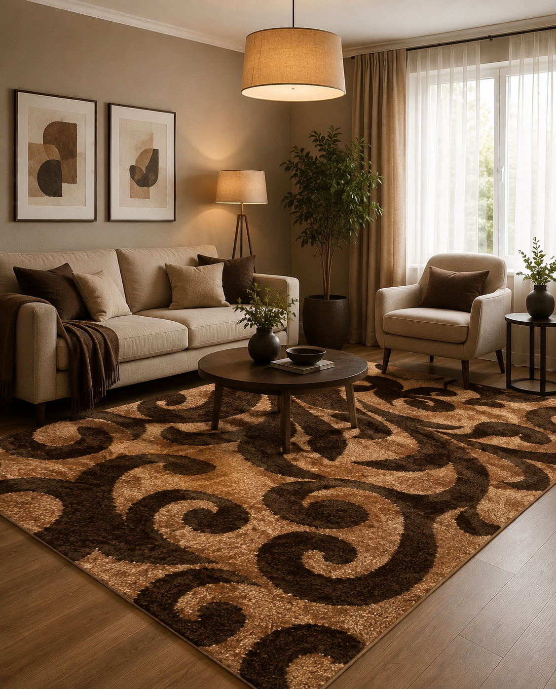 Covor cu Insertii Florale tip Tribal ,Capucinno