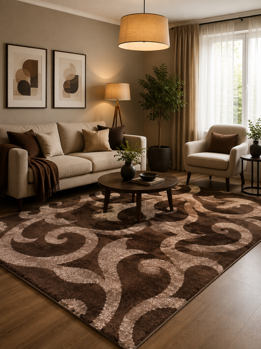 Covor cu Insertii Florale tip Tribal ,Maro/Capucino
