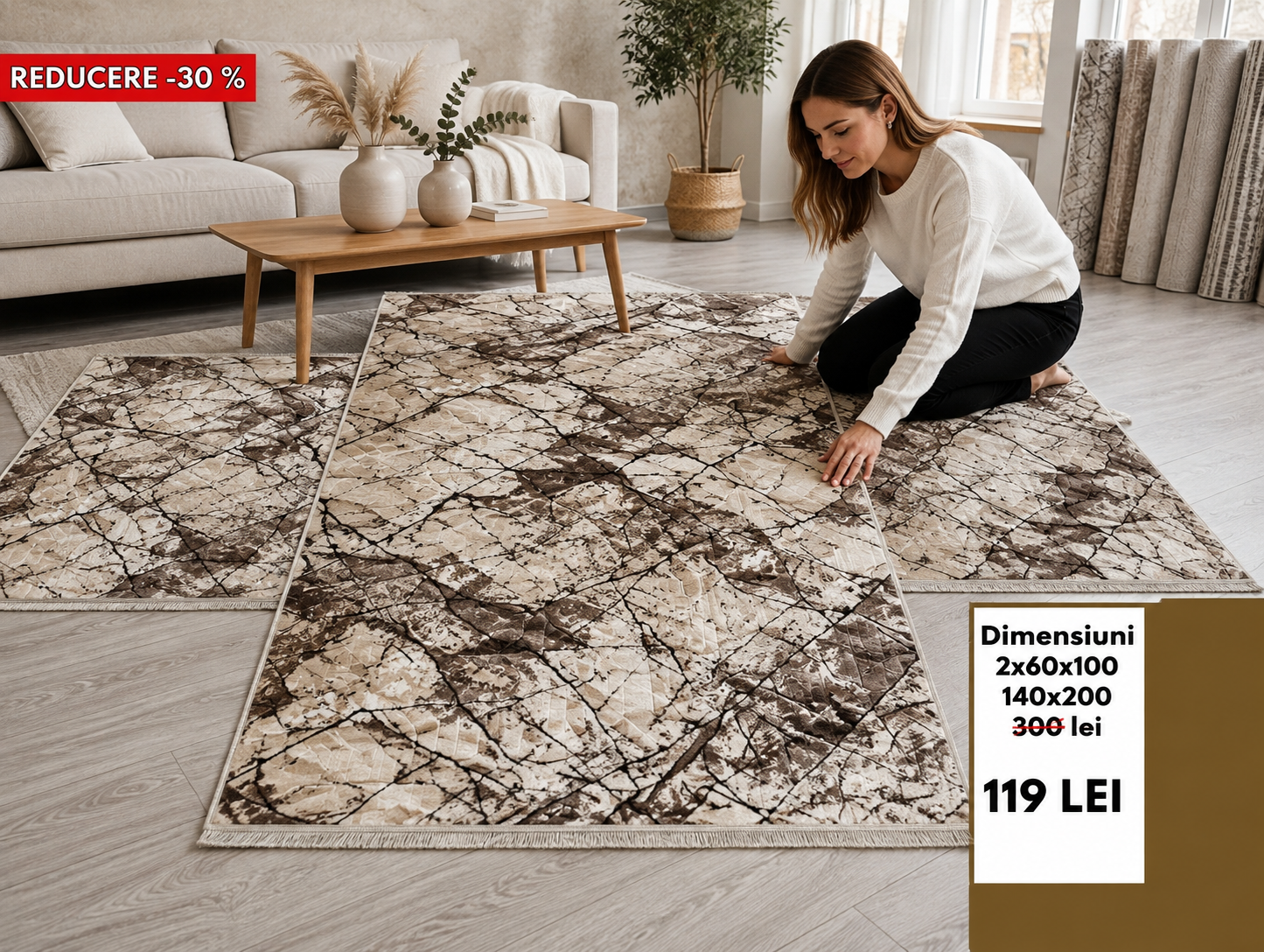 Set Covoare Dormitor Cu Traverse Antiderapante cu Insertii Moderne tip Marmura 3D,Bej/Maro