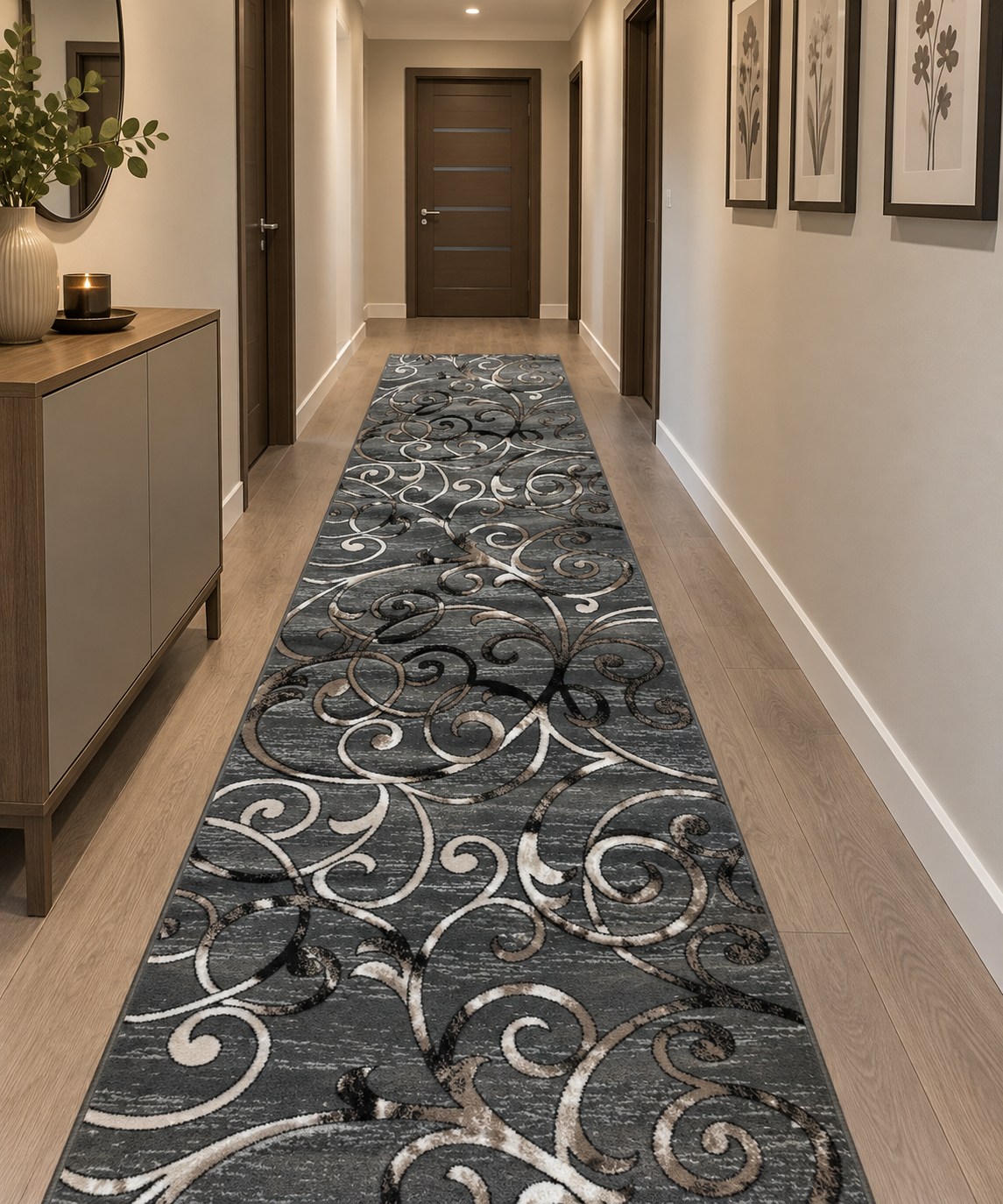 Traversa cu  Insertii Florale 3D tip Crengute,Gri/Bej