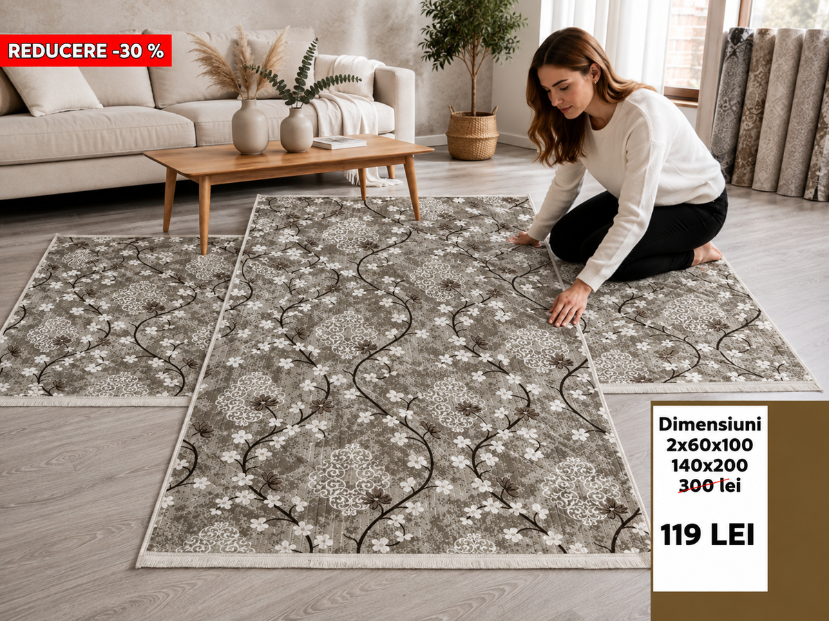 Set Covoare Dormitor Cu Traverse Antiderapante cu Insertii Moderne tip Margarete , Bej/Maro