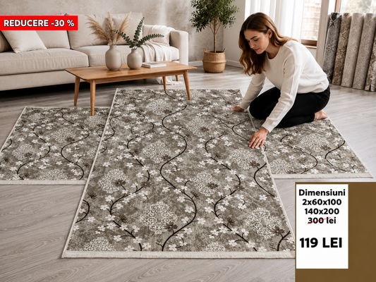 Set Covoare Dormitor Cu Traverse Antiderapante cu Insertii Moderne tip Margarete , Bej/Maro