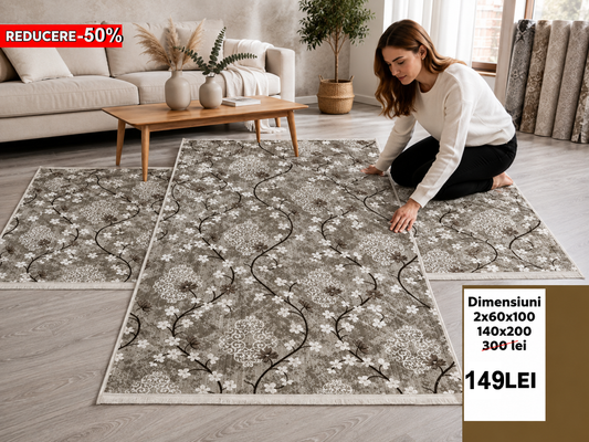 Set Covoare Dormitor Cu Traverse Antiderapante cu Insertii Moderne tip Margarete , Bej/Maro