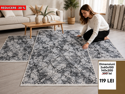 Set Covoare Dormitor Cu Traverse Antiderapante cu Insertii Moderne tip Marmura ,Gri Antracit / Bej