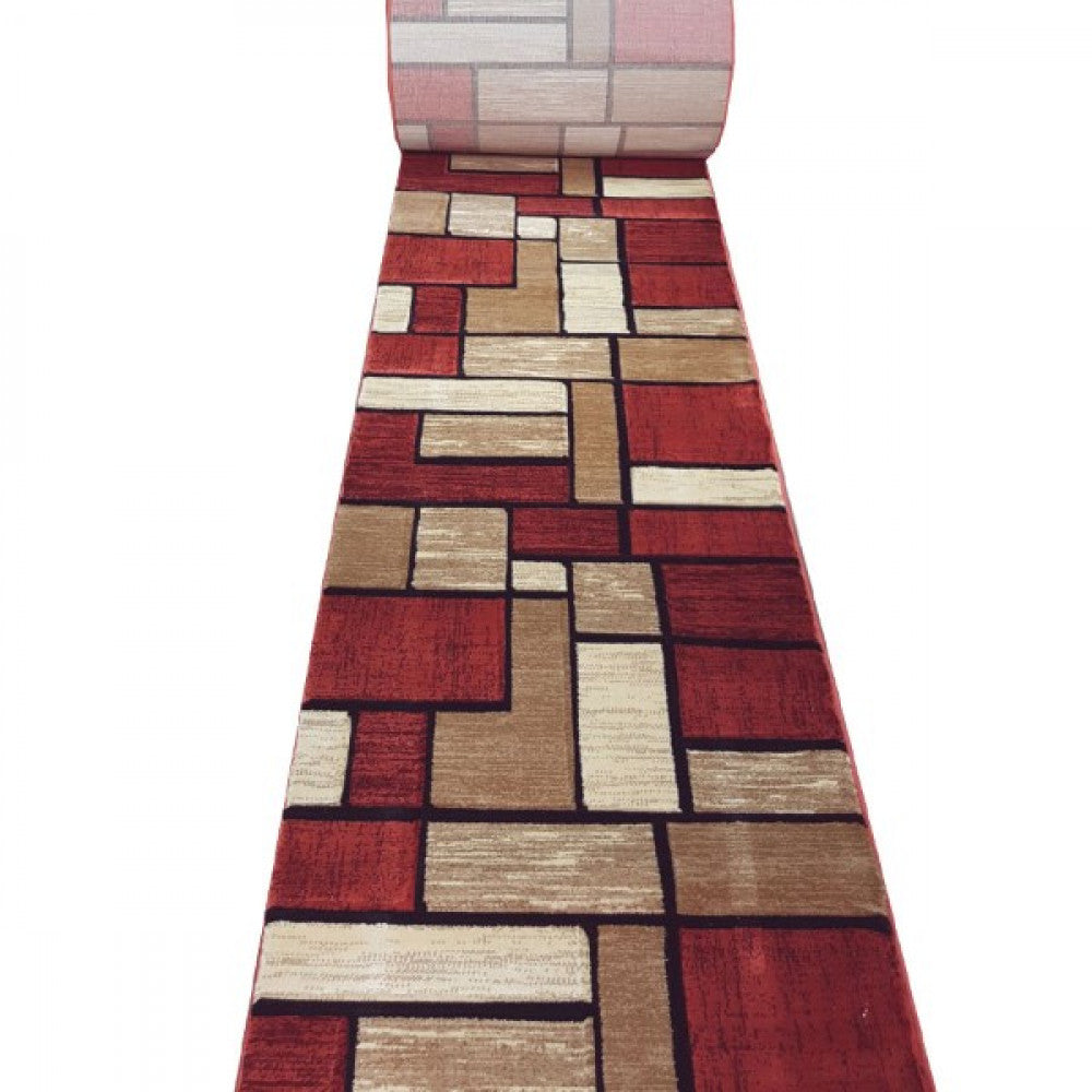 Covoare cu Insertii Geometrice de Patratele si Dreptunghiuri,Caramiziu-Grena