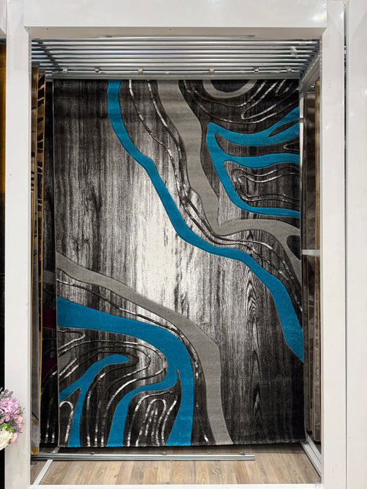 Covor Modern tip Valuri, Gri/Negru/Turqoise