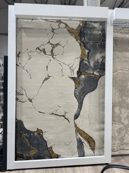 Covor cu Insertii 3D tip Marmura,Bej/Gri/Auriu