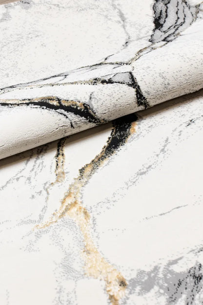 Covor cu Insertii 3D tip Marmura,Bej/Gri/Auriu