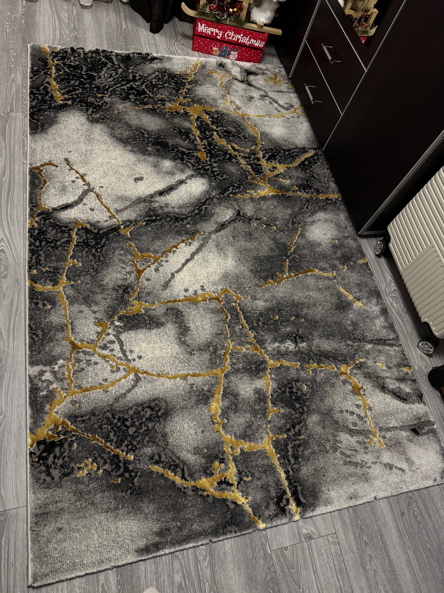 Covor cu Insertii 3D tip Marmura,Gri/Negru/Auriu