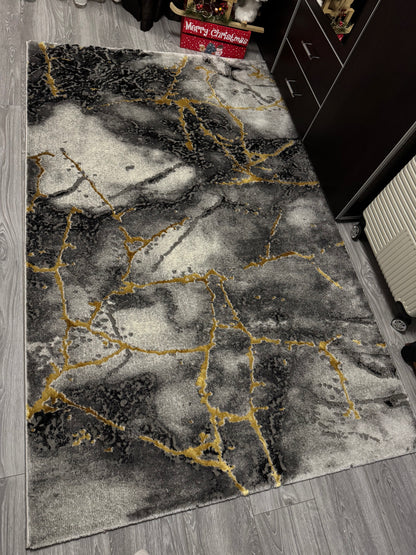 Covor cu Insertii 3D tip Marmura,Gri/Negru/Auriu