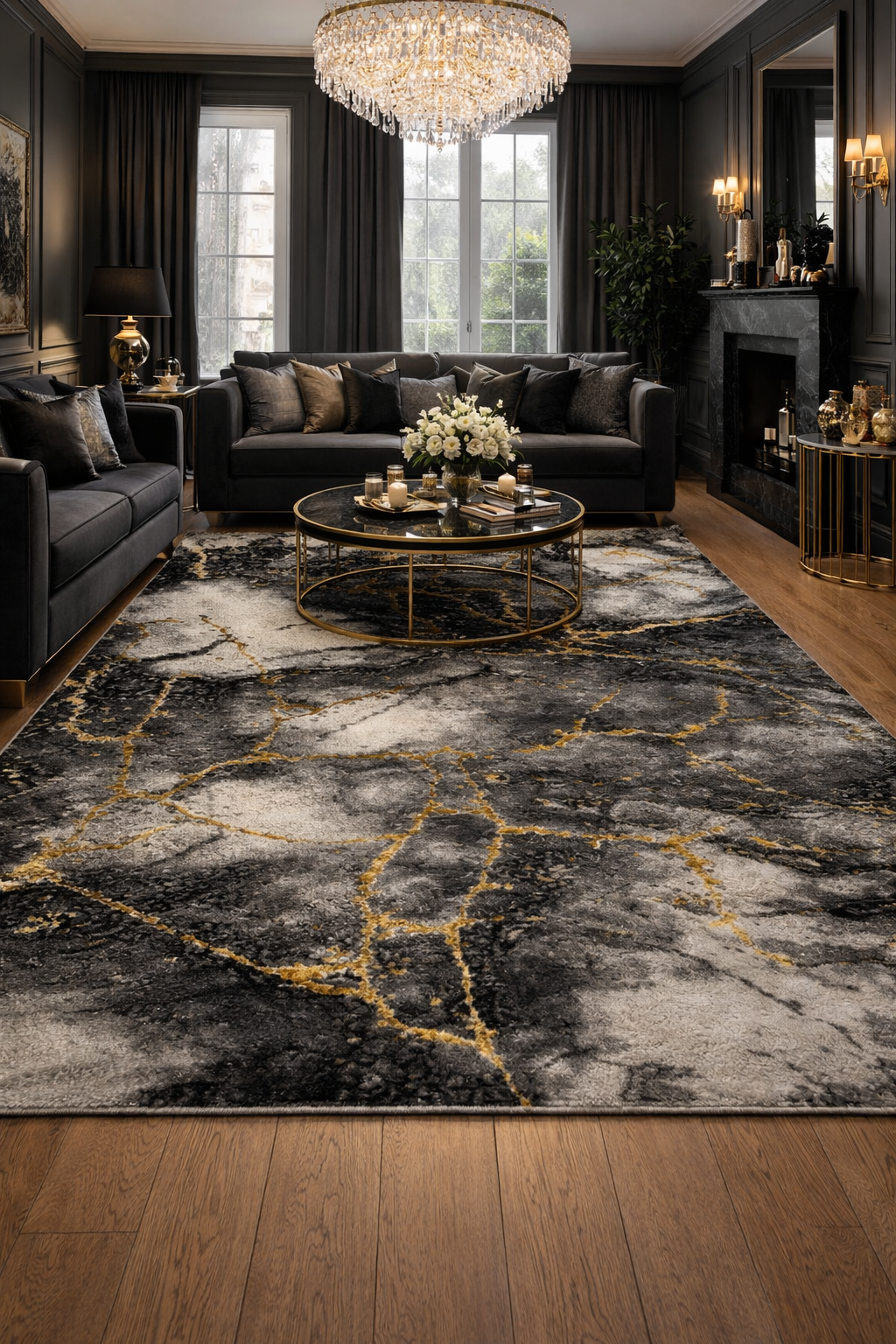 Covor cu Insertii 3D tip Marmura,Gri/Negru/Auriu