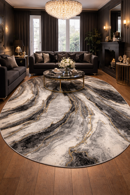 Covor cu Insertii 3D tip Marmura,Gri/Negru/Auriu