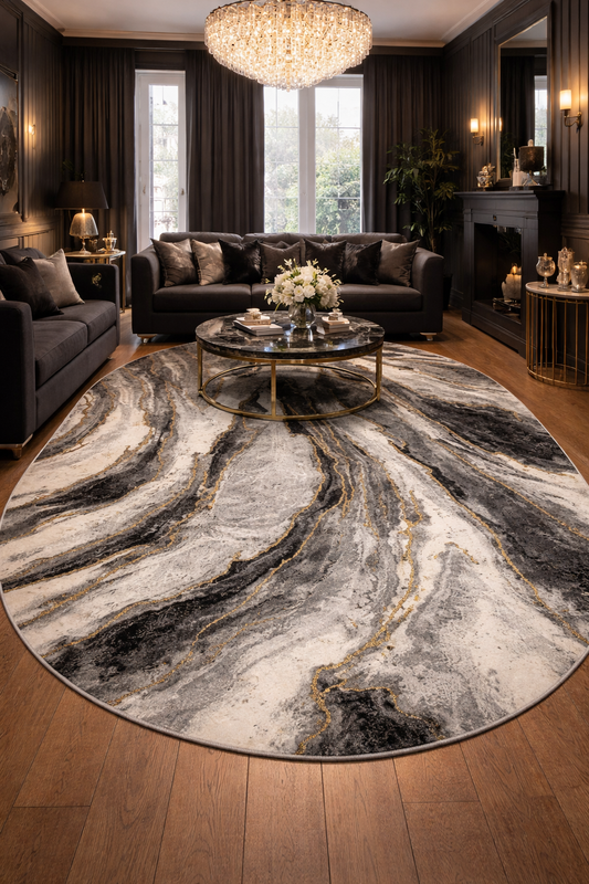 Covor cu Insertii 3D tip Marmura,Gri/Negru/Auriu