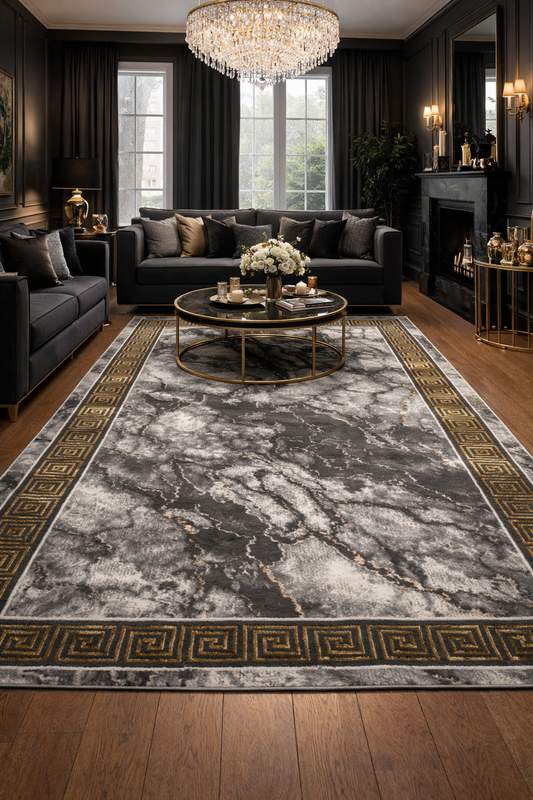 Covor cu Insertii 3D Grecești Gri/Crem/Auriu