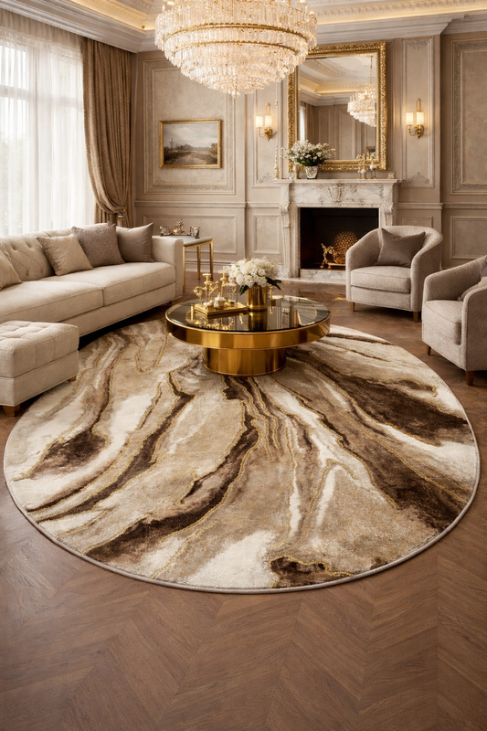 Covor cu Insertii 3D tip Marmura,Bej/Crem/Auriu