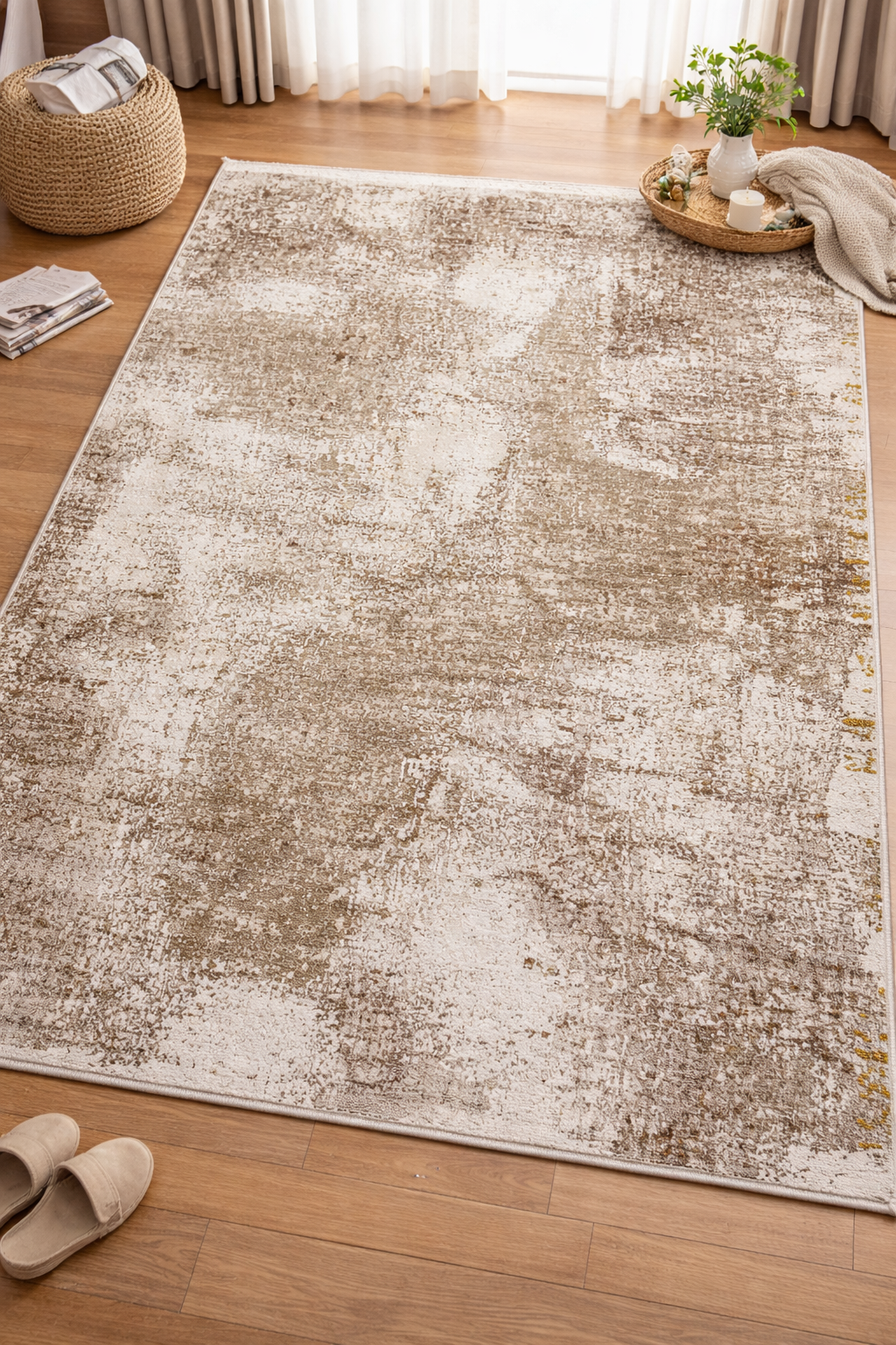 Covor Premium Modern Cu Insertii Moderne si Franjuri ,Bej/Crem