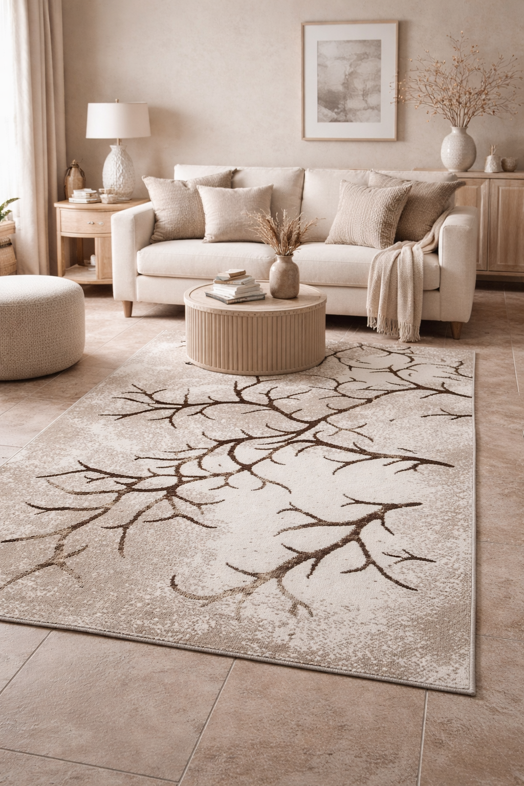 Covor cu Insertii Florale tip Crenguțe,Bej/Maro