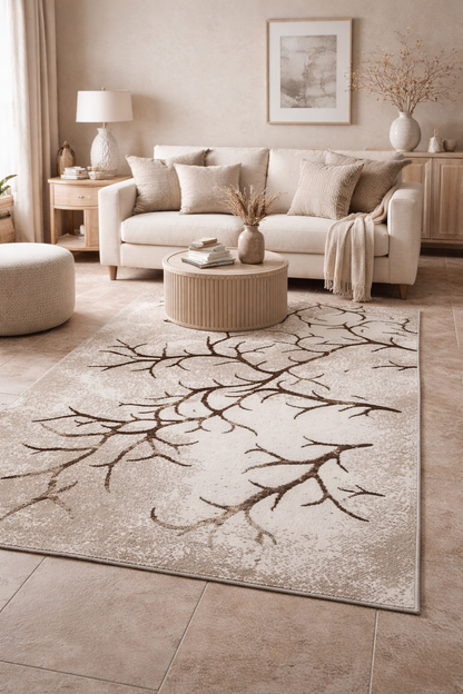 Covor cu Insertii Florale tip Crenguțe,Bej/Maro