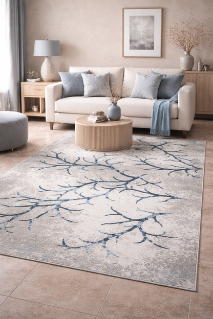 Covor cu Insertii Florale tip Crenguțe,Turqoise/Bej