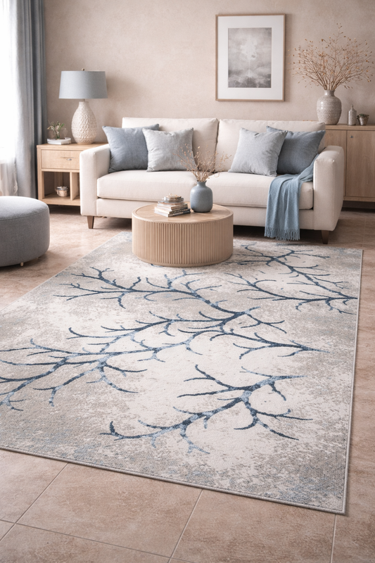 Covor cu Insertii Florale tip Crenguțe,Turqoise/Bej