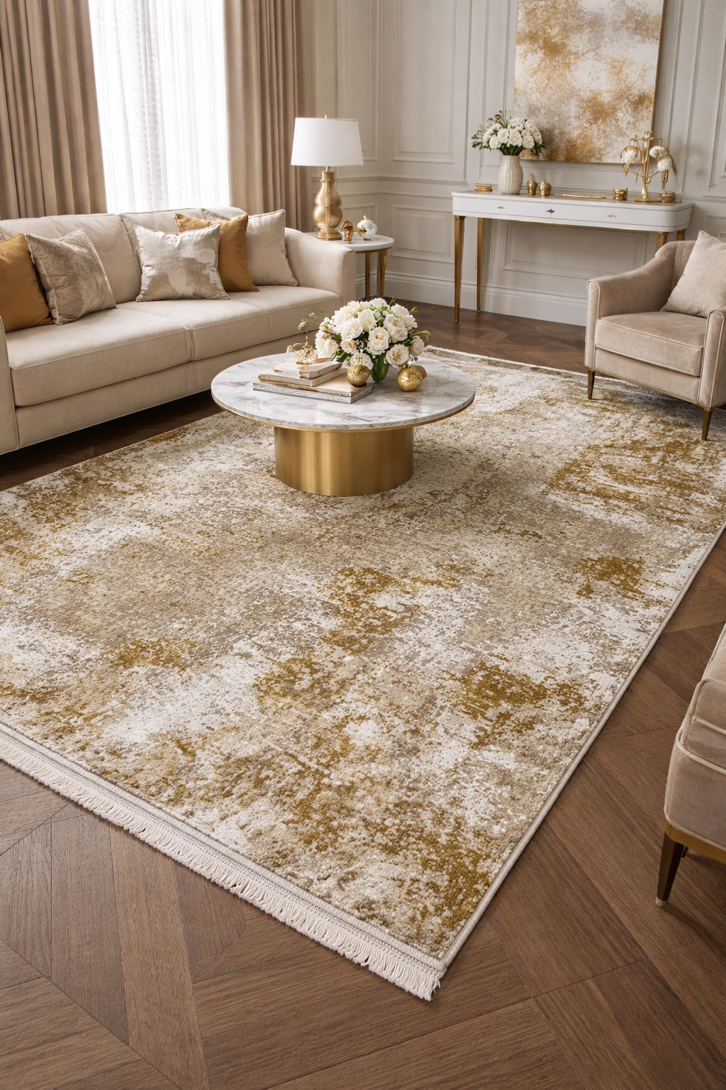 Covor Premium Modern Cu Insertii Moderne si Franjuri ,Bej/Galben