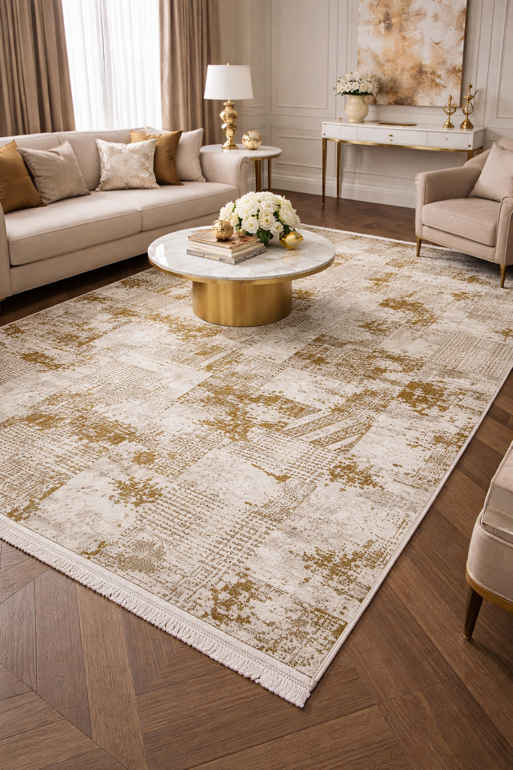 Covor Premium Modern Cu Insertii Grecesti si Franjuri,Bej/Crem/Auriu